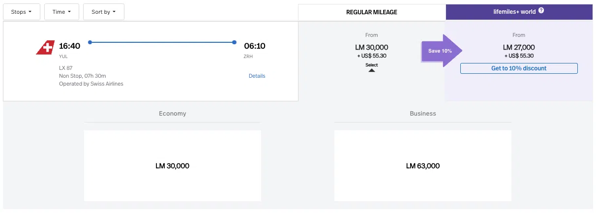 LifeMiles Award on Swiss from YUL-SRH for 30,000 miles in economy and 63,000 miles in business class